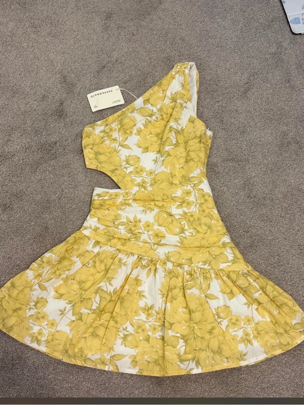 Peppermayo Yellow and White Floral One-Shoulder Dress NWT